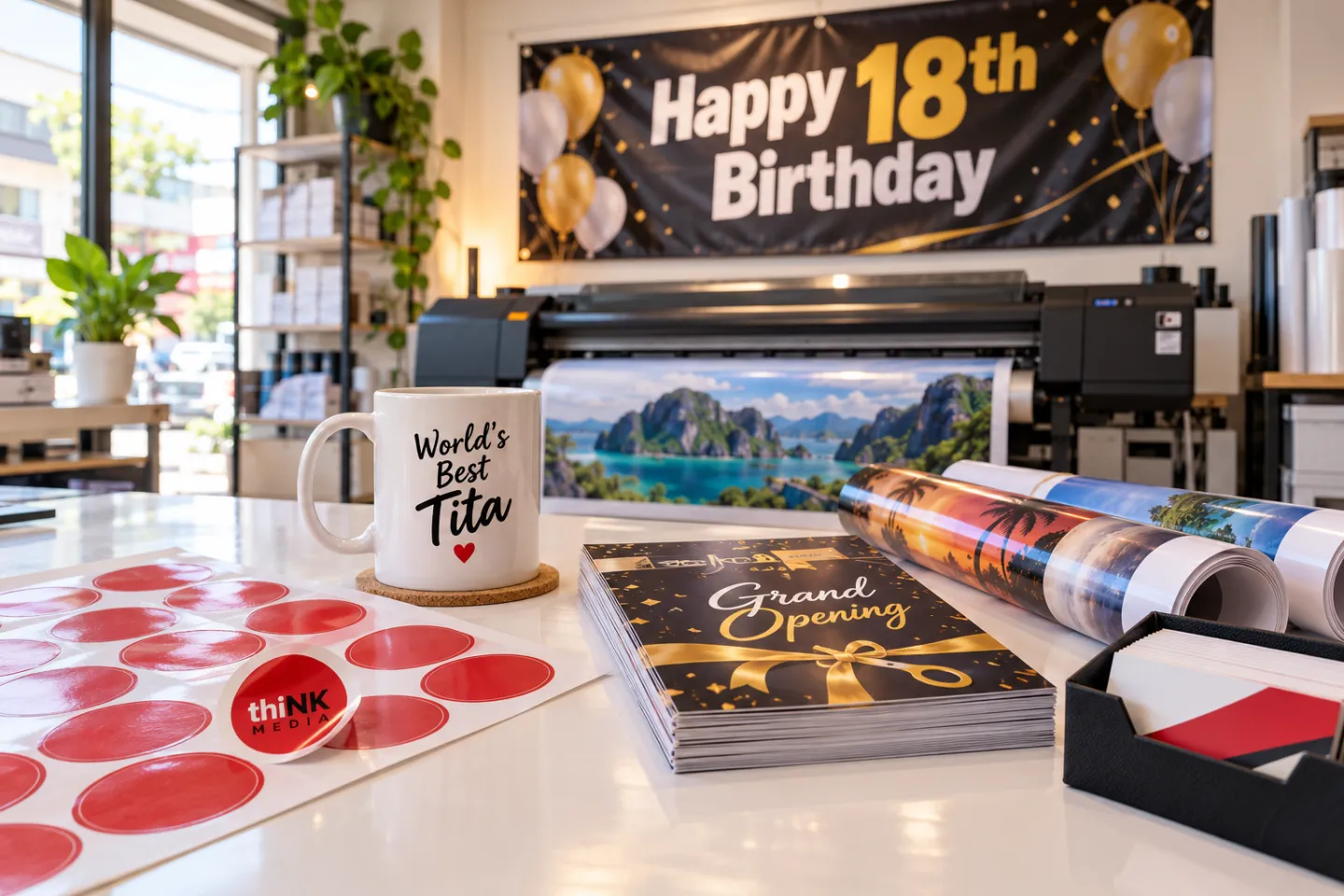 Freshly printed birthday tarpaulin, die-cut stickers, souvenir mug and grand-opening flyers at Think Media, Santa Cruz, Laguna